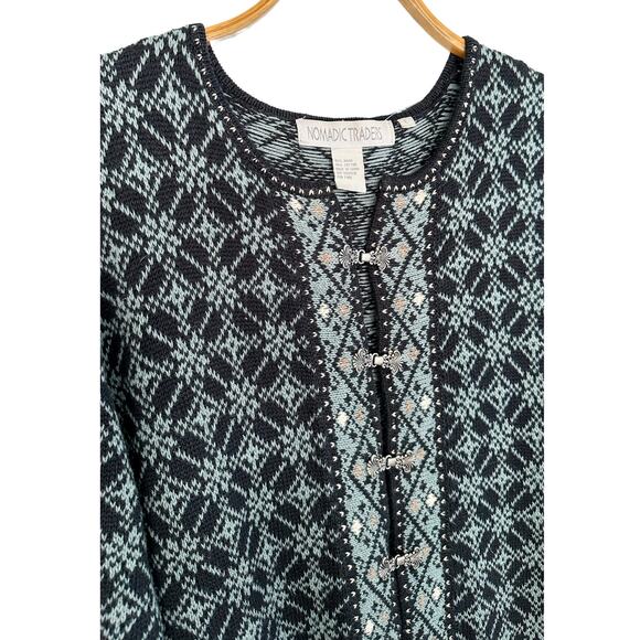 Nomadic Traders Light Blue Black & Ivory Hook Eye Alpine Nordic scandi Cardigan - Picture 2 of 4